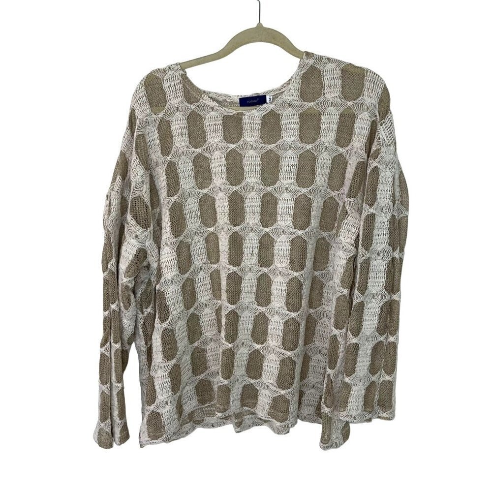 Positano Womens Sweater Size Medium Oversized Lagenlook Cotton Blend Tan White